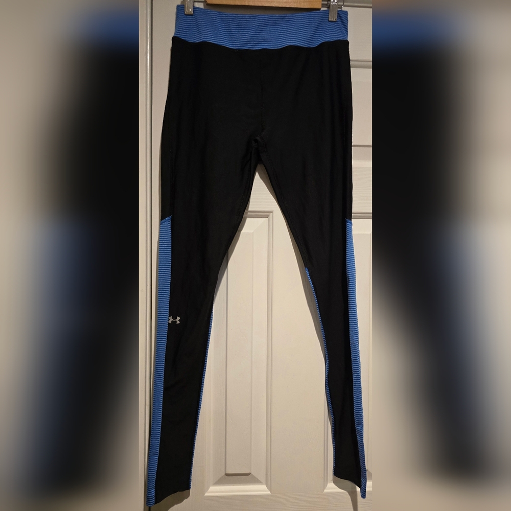Women's Under Armour Black & Blue Sz Medium Compression Leggings Heatgear